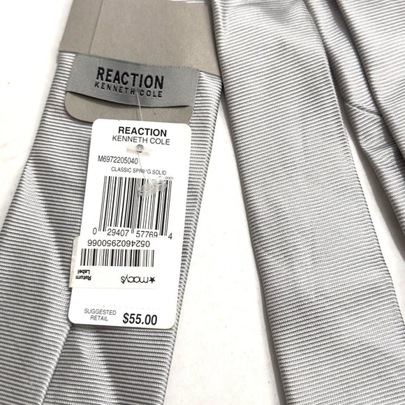 Mens Silver Kenneth Cole Reaction Classic Spring Solid Tie 100% Silk Business - Picture 2 of 5